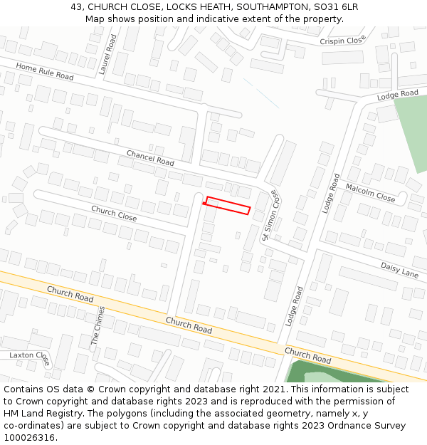 43, CHURCH CLOSE, LOCKS HEATH, SOUTHAMPTON, SO31 6LR: Location map and indicative extent of plot