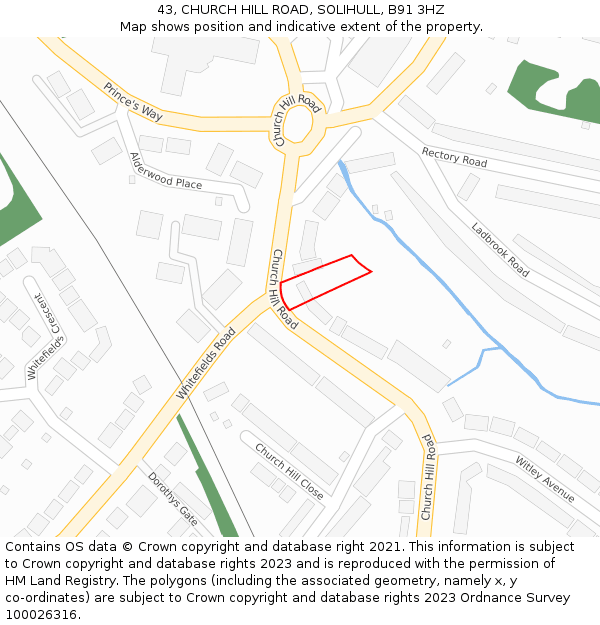 43, CHURCH HILL ROAD, SOLIHULL, B91 3HZ: Location map and indicative extent of plot