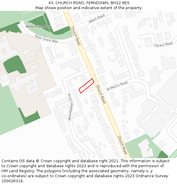 43, CHURCH ROAD, FERNDOWN, BH22 9ES: Location map and indicative extent of plot