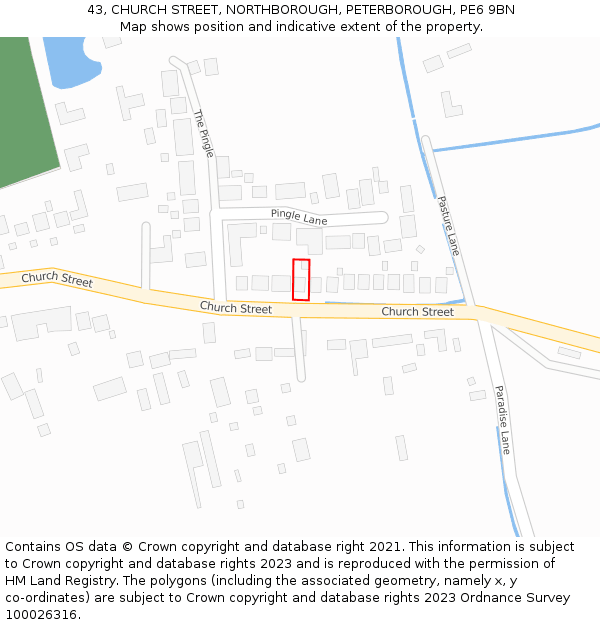 43, CHURCH STREET, NORTHBOROUGH, PETERBOROUGH, PE6 9BN: Location map and indicative extent of plot