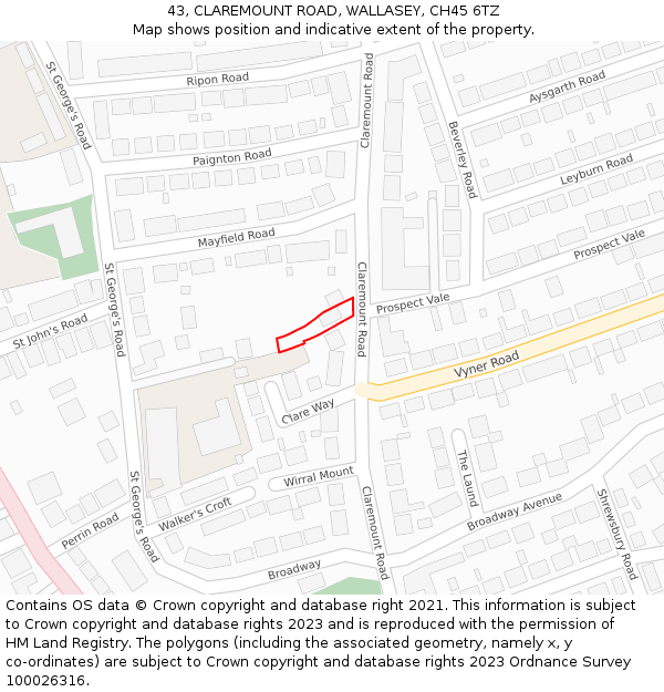 43, CLAREMOUNT ROAD, WALLASEY, CH45 6TZ: Location map and indicative extent of plot