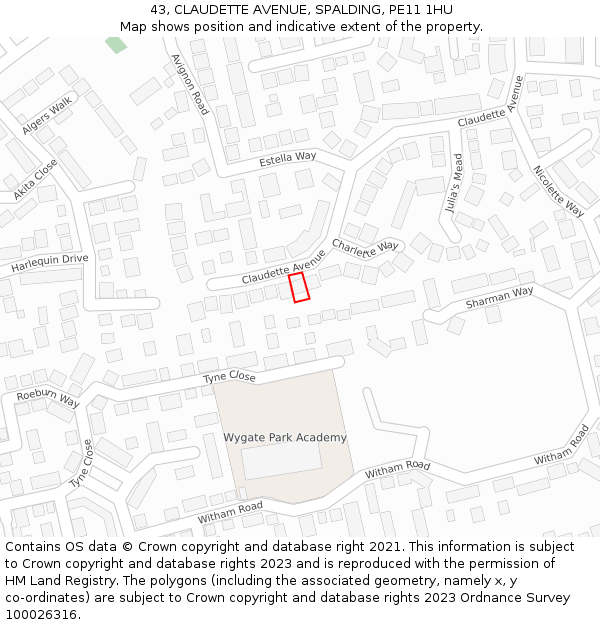 43, CLAUDETTE AVENUE, SPALDING, PE11 1HU: Location map and indicative extent of plot