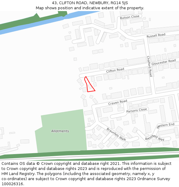 43, CLIFTON ROAD, NEWBURY, RG14 5JS: Location map and indicative extent of plot
