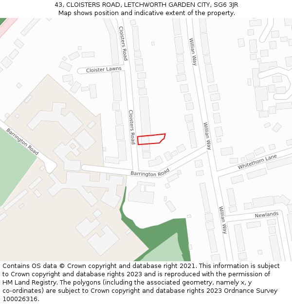 43, CLOISTERS ROAD, LETCHWORTH GARDEN CITY, SG6 3JR: Location map and indicative extent of plot