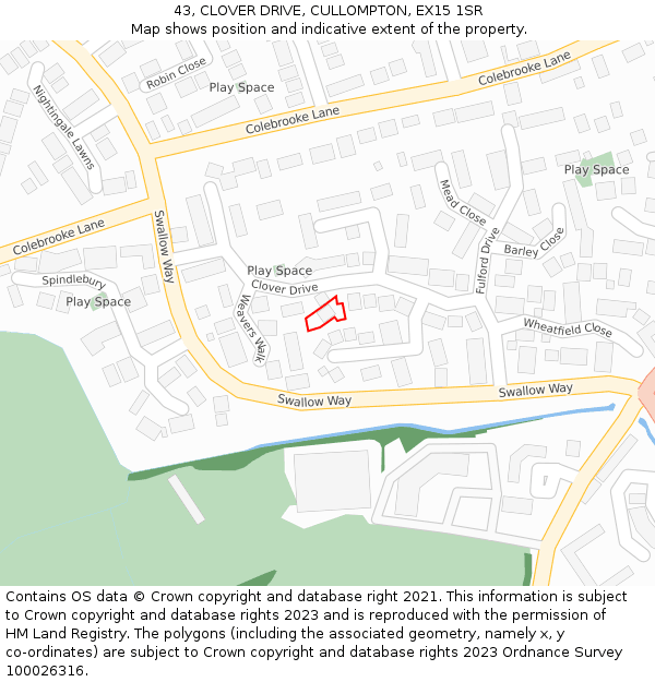 43, CLOVER DRIVE, CULLOMPTON, EX15 1SR: Location map and indicative extent of plot