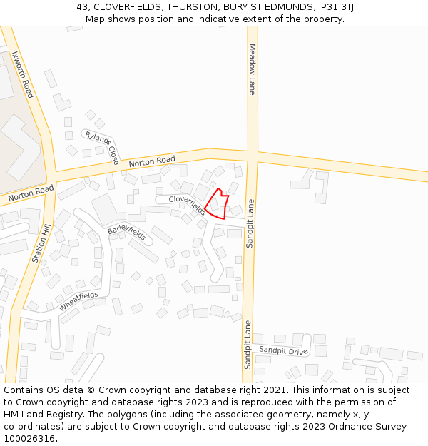 43, CLOVERFIELDS, THURSTON, BURY ST EDMUNDS, IP31 3TJ: Location map and indicative extent of plot