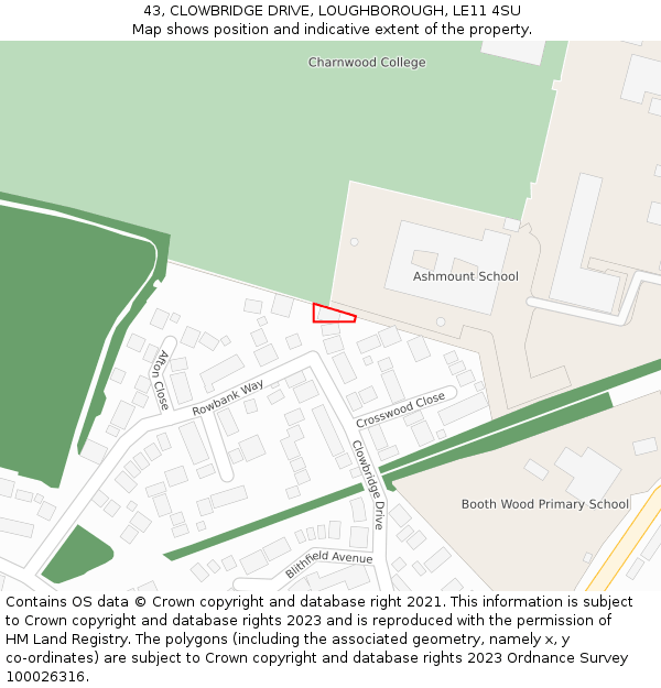43, CLOWBRIDGE DRIVE, LOUGHBOROUGH, LE11 4SU: Location map and indicative extent of plot