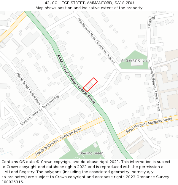 43, COLLEGE STREET, AMMANFORD, SA18 2BU: Location map and indicative extent of plot