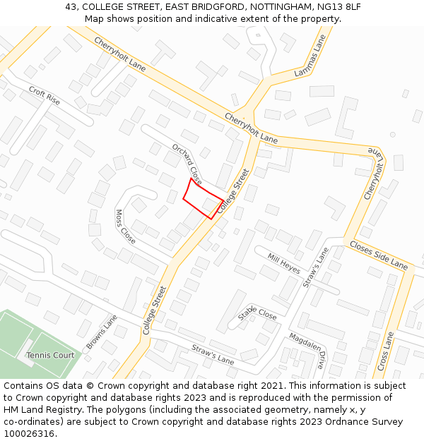43, COLLEGE STREET, EAST BRIDGFORD, NOTTINGHAM, NG13 8LF: Location map and indicative extent of plot