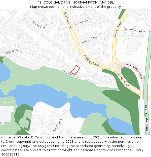 43, COLONIAL DRIVE, NORTHAMPTON, NN4 0BL: Location map and indicative extent of plot