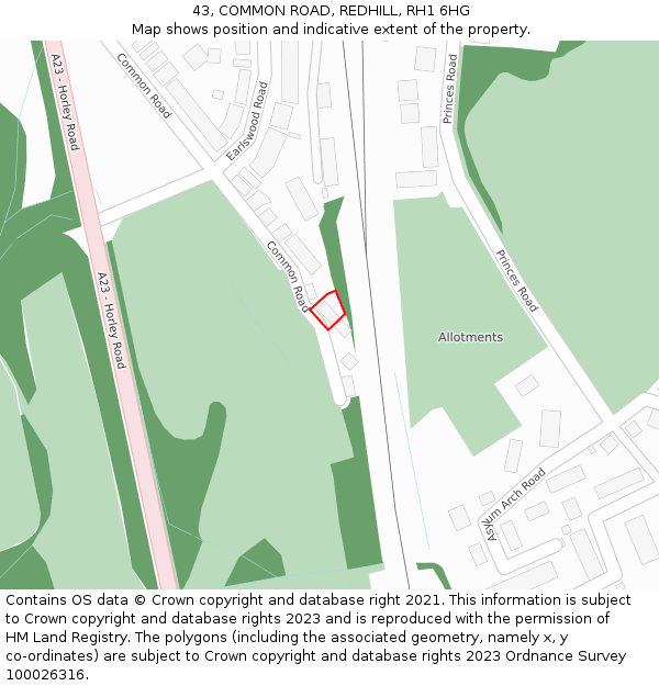 43, COMMON ROAD, REDHILL, RH1 6HG: Location map and indicative extent of plot