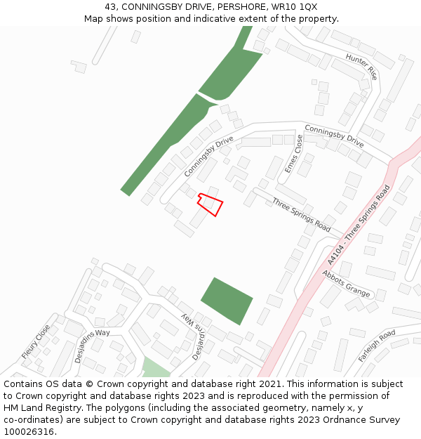 43, CONNINGSBY DRIVE, PERSHORE, WR10 1QX: Location map and indicative extent of plot