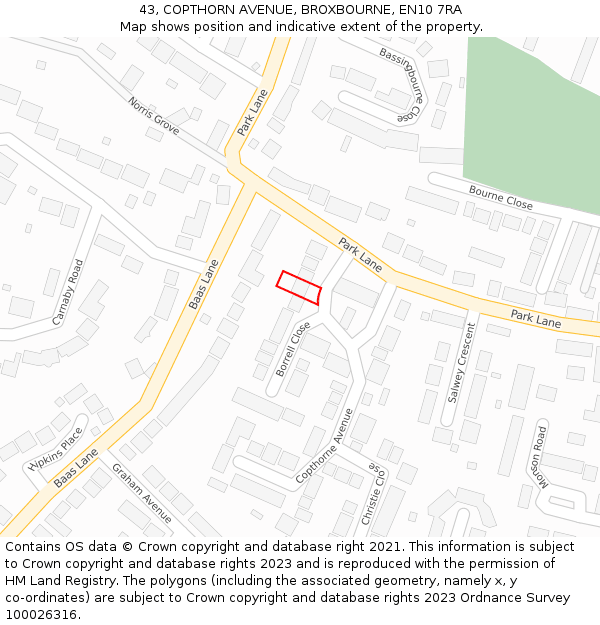 43, COPTHORN AVENUE, BROXBOURNE, EN10 7RA: Location map and indicative extent of plot