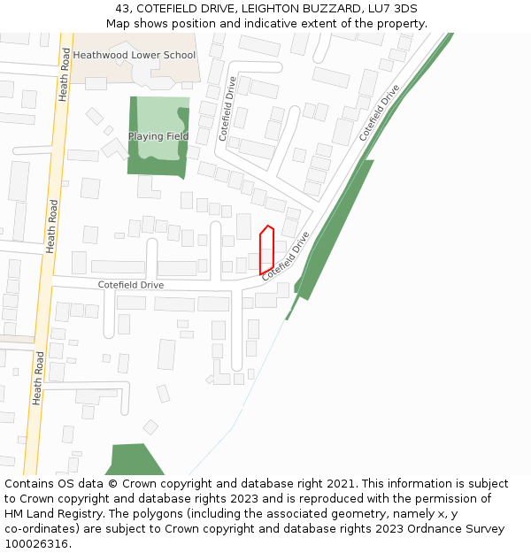 43, COTEFIELD DRIVE, LEIGHTON BUZZARD, LU7 3DS: Location map and indicative extent of plot