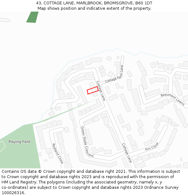 43, COTTAGE LANE, MARLBROOK, BROMSGROVE, B60 1DT: Location map and indicative extent of plot