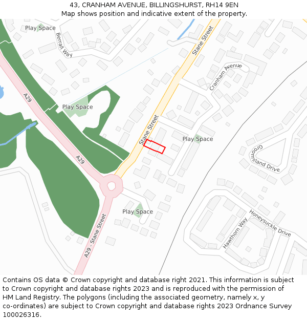 43, CRANHAM AVENUE, BILLINGSHURST, RH14 9EN: Location map and indicative extent of plot