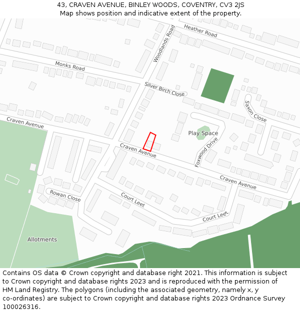 43, CRAVEN AVENUE, BINLEY WOODS, COVENTRY, CV3 2JS: Location map and indicative extent of plot