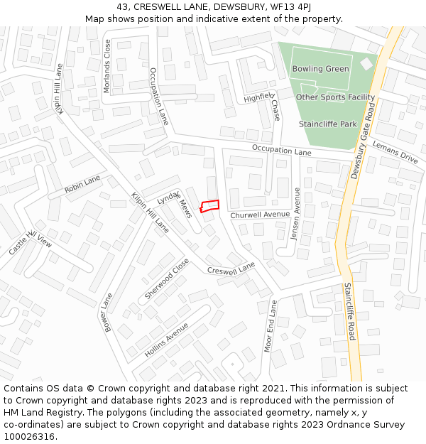 43, CRESWELL LANE, DEWSBURY, WF13 4PJ: Location map and indicative extent of plot