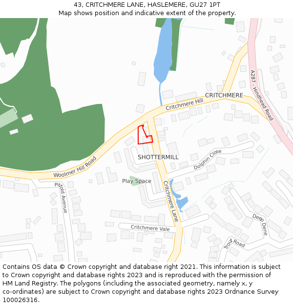 43, CRITCHMERE LANE, HASLEMERE, GU27 1PT: Location map and indicative extent of plot