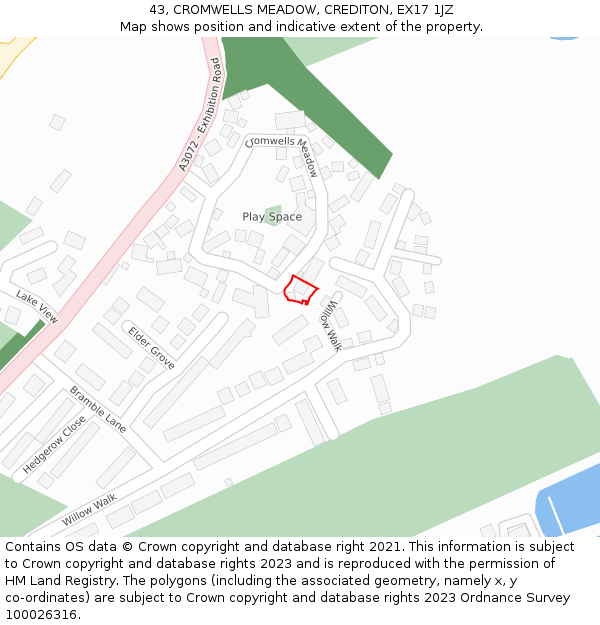 43, CROMWELLS MEADOW, CREDITON, EX17 1JZ: Location map and indicative extent of plot