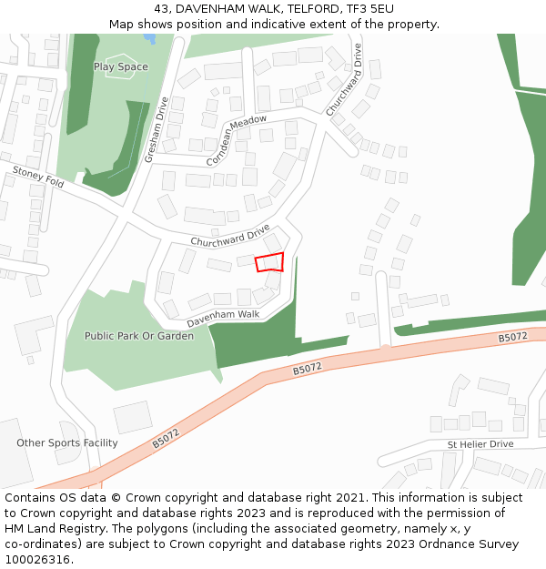 43, DAVENHAM WALK, TELFORD, TF3 5EU: Location map and indicative extent of plot