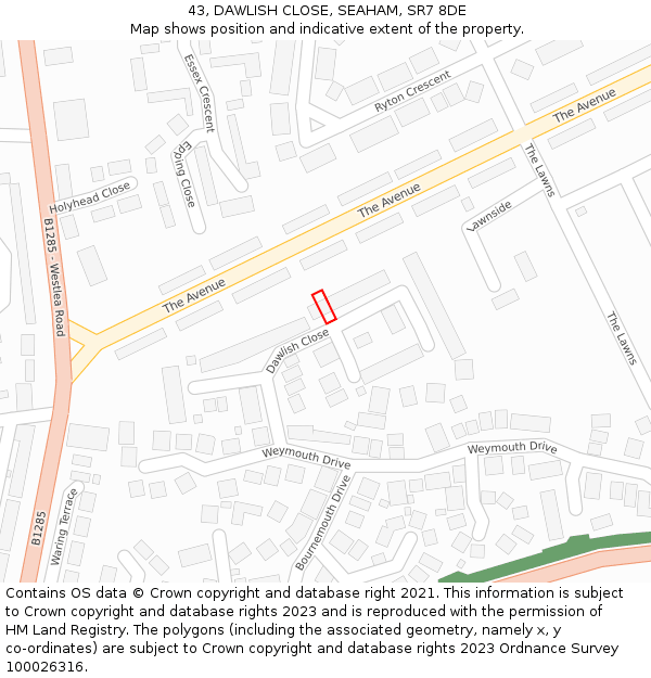 43, DAWLISH CLOSE, SEAHAM, SR7 8DE: Location map and indicative extent of plot