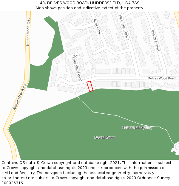 43, DELVES WOOD ROAD, HUDDERSFIELD, HD4 7AS: Location map and indicative extent of plot