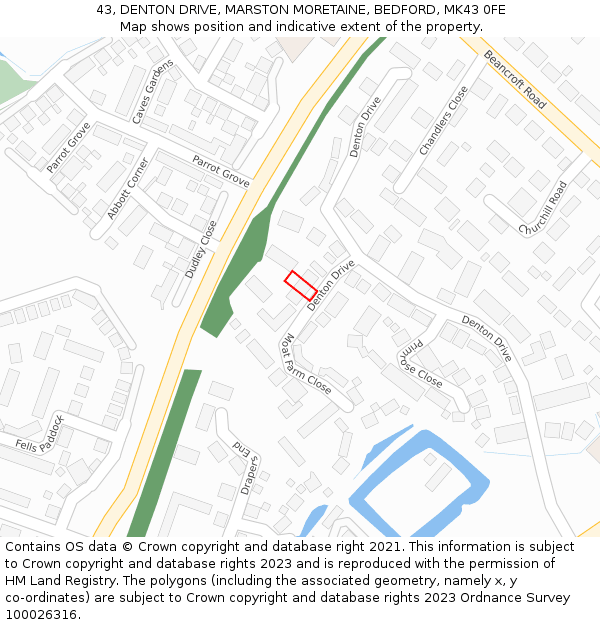 43, DENTON DRIVE, MARSTON MORETAINE, BEDFORD, MK43 0FE: Location map and indicative extent of plot