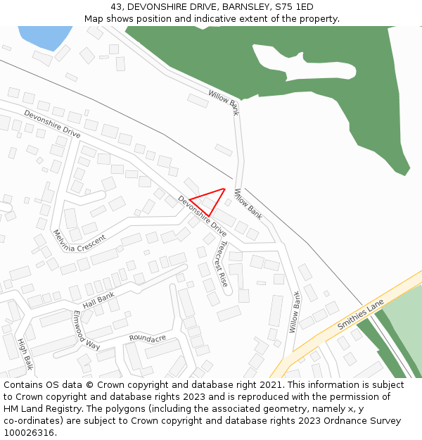 43, DEVONSHIRE DRIVE, BARNSLEY, S75 1ED: Location map and indicative extent of plot