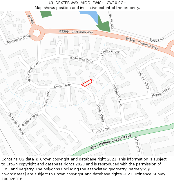 43, DEXTER WAY, MIDDLEWICH, CW10 9GH: Location map and indicative extent of plot