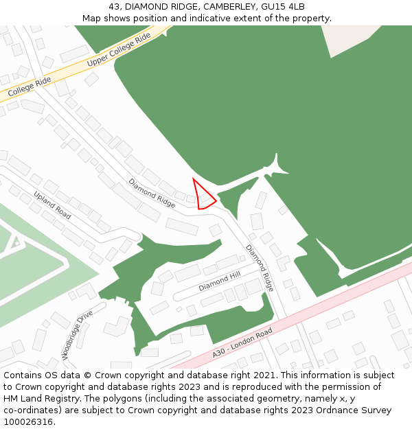 43, DIAMOND RIDGE, CAMBERLEY, GU15 4LB: Location map and indicative extent of plot