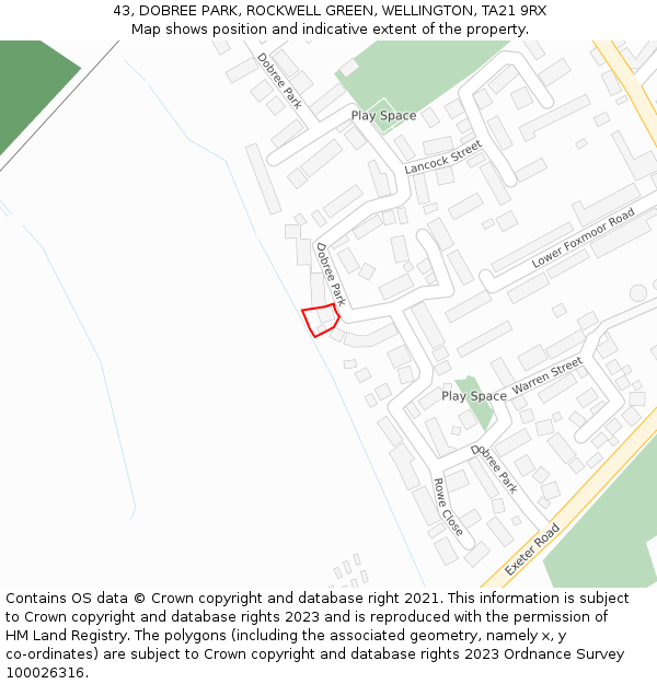 43, DOBREE PARK, ROCKWELL GREEN, WELLINGTON, TA21 9RX: Location map and indicative extent of plot