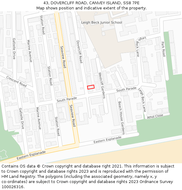 43, DOVERCLIFF ROAD, CANVEY ISLAND, SS8 7PE: Location map and indicative extent of plot