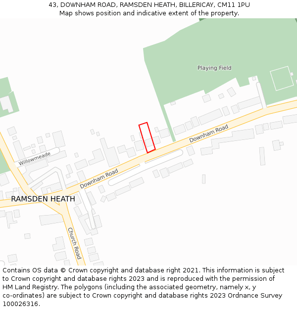 43, DOWNHAM ROAD, RAMSDEN HEATH, BILLERICAY, CM11 1PU: Location map and indicative extent of plot