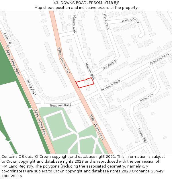 43, DOWNS ROAD, EPSOM, KT18 5JF: Location map and indicative extent of plot