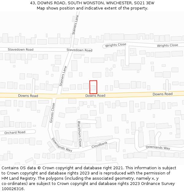 43, DOWNS ROAD, SOUTH WONSTON, WINCHESTER, SO21 3EW: Location map and indicative extent of plot