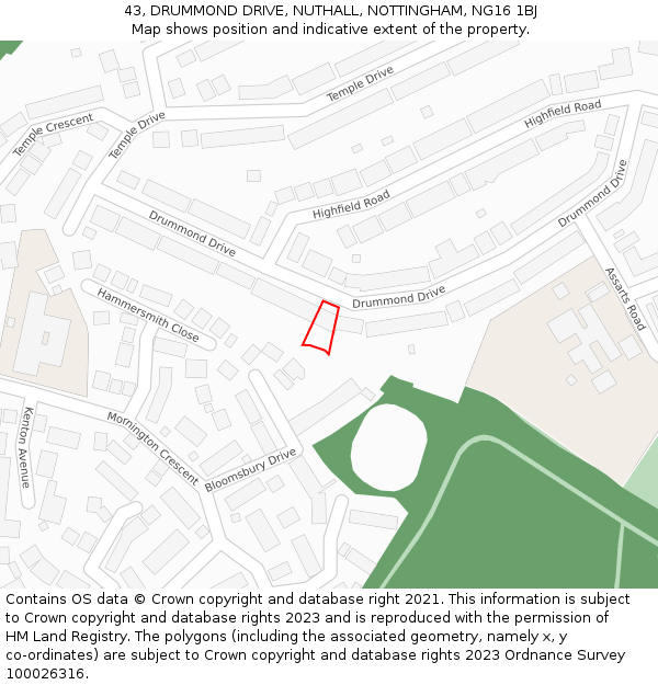 43, DRUMMOND DRIVE, NUTHALL, NOTTINGHAM, NG16 1BJ: Location map and indicative extent of plot
