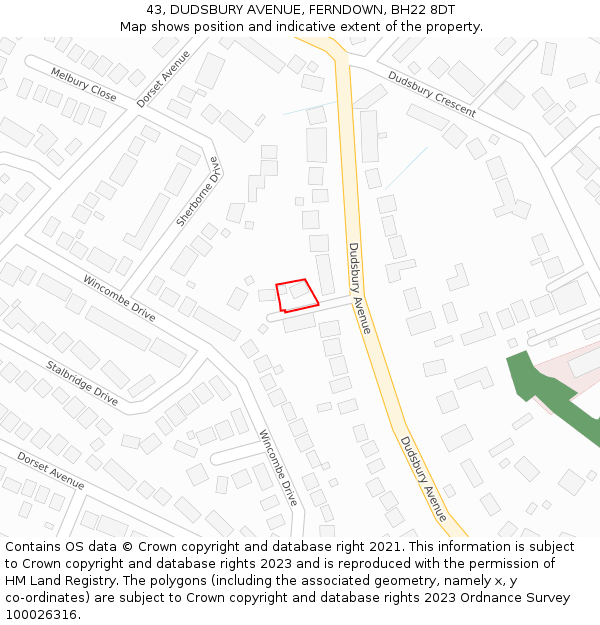 43, DUDSBURY AVENUE, FERNDOWN, BH22 8DT: Location map and indicative extent of plot