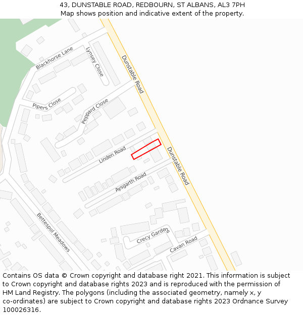 43, DUNSTABLE ROAD, REDBOURN, ST ALBANS, AL3 7PH: Location map and indicative extent of plot