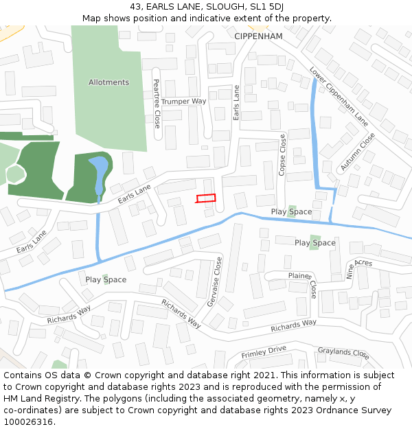 43, EARLS LANE, SLOUGH, SL1 5DJ: Location map and indicative extent of plot