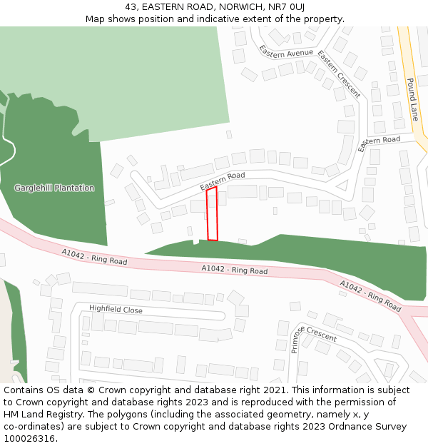 43, EASTERN ROAD, NORWICH, NR7 0UJ: Location map and indicative extent of plot