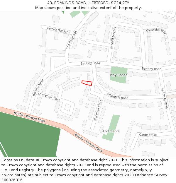 43, EDMUNDS ROAD, HERTFORD, SG14 2EY: Location map and indicative extent of plot