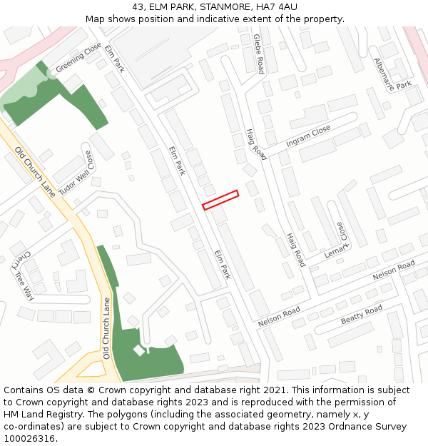 43, ELM PARK, STANMORE, HA7 4AU: Location map and indicative extent of plot