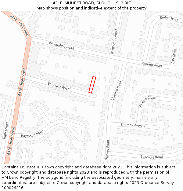 43, ELMHURST ROAD, SLOUGH, SL3 8LT: Location map and indicative extent of plot