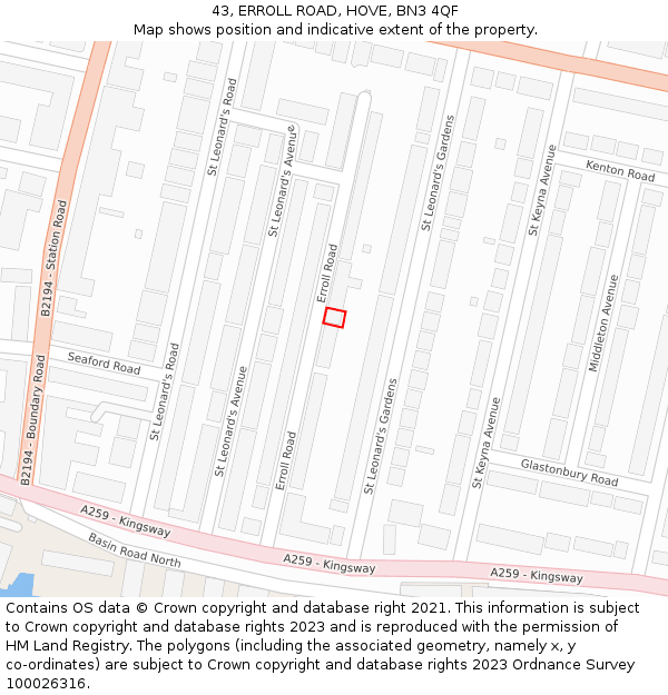 43, ERROLL ROAD, HOVE, BN3 4QF: Location map and indicative extent of plot