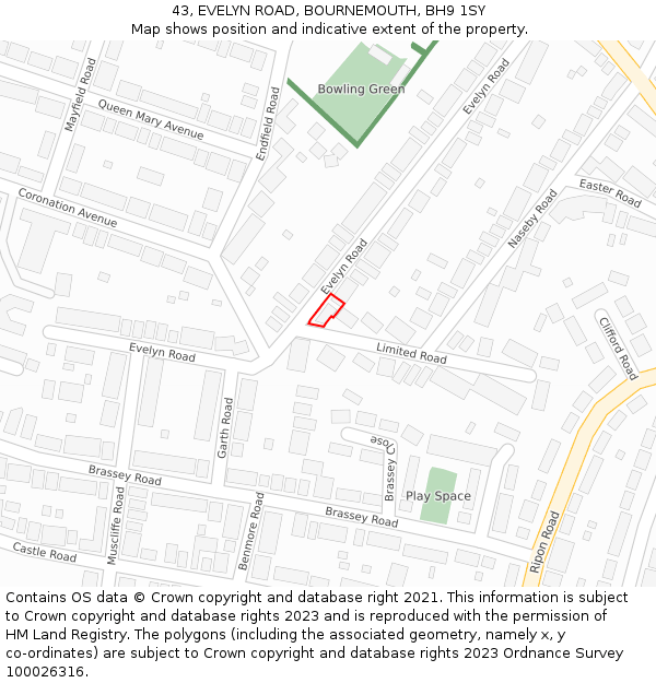 43, EVELYN ROAD, BOURNEMOUTH, BH9 1SY: Location map and indicative extent of plot