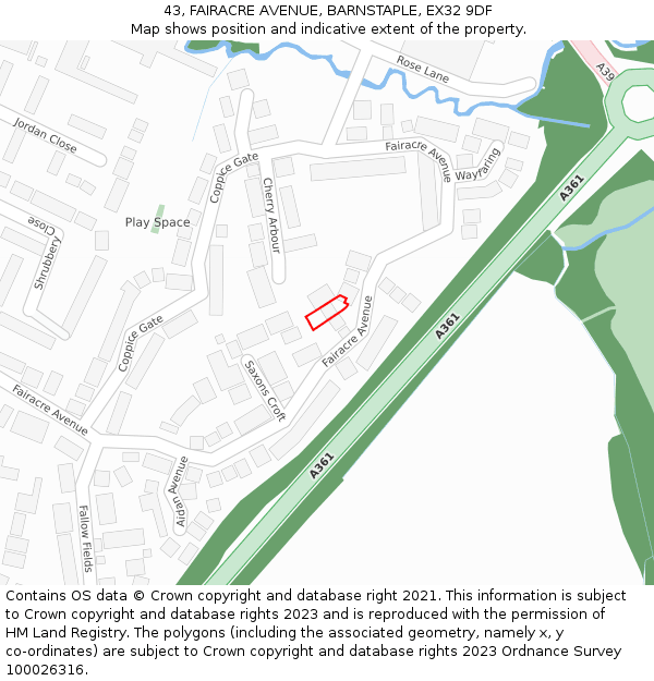 43, FAIRACRE AVENUE, BARNSTAPLE, EX32 9DF: Location map and indicative extent of plot