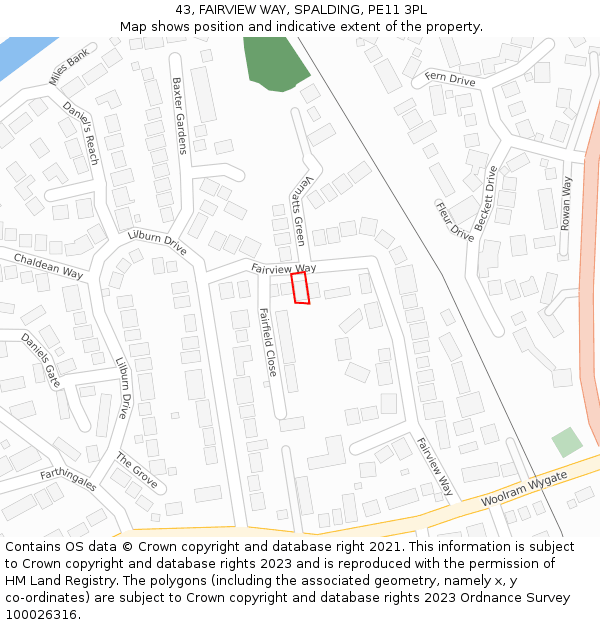 43, FAIRVIEW WAY, SPALDING, PE11 3PL: Location map and indicative extent of plot