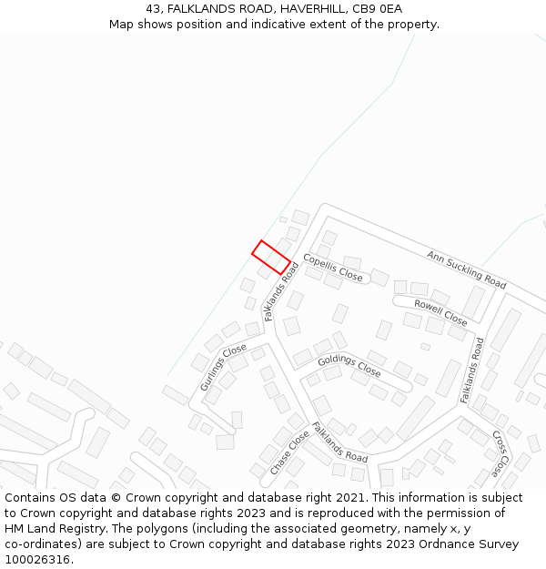 43, FALKLANDS ROAD, HAVERHILL, CB9 0EA: Location map and indicative extent of plot