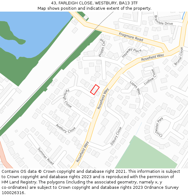 43, FARLEIGH CLOSE, WESTBURY, BA13 3TF: Location map and indicative extent of plot